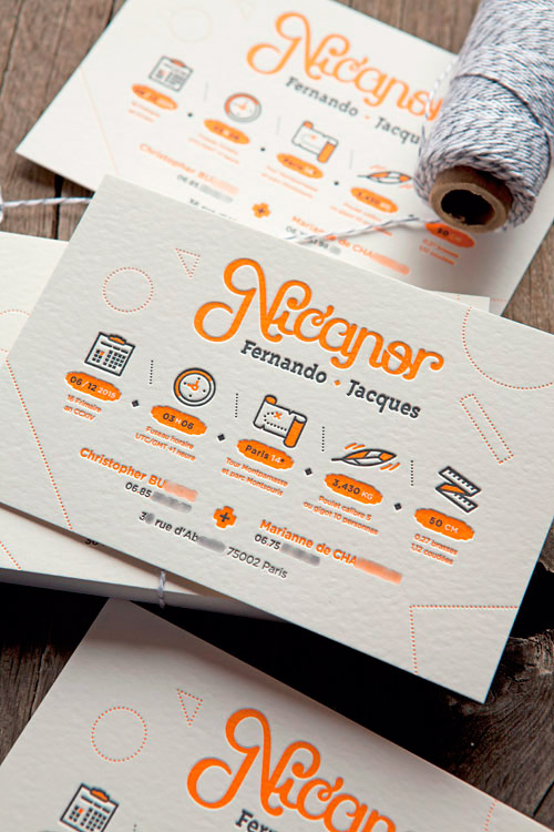 Faire-part garçon orange sur papier aspect feutre 500g / letterpress baby announcement printed by Cocorico Letterpress