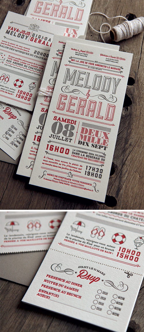 Ensemble invitation de mariage + carton info & RSVP imprimé en rouge et gris sur papiers 500g et 350g / custom wedding letterpress invite by Cocorico Letterpress workshop