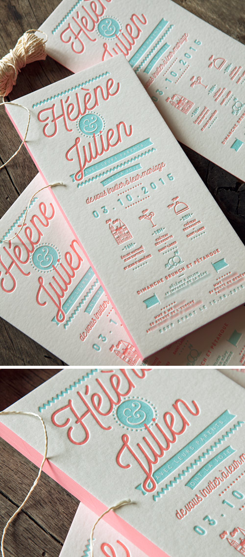 Faire-part de mariage corail et vert pastel, création creative-doing.com / letterpress wedding invite in coral and green