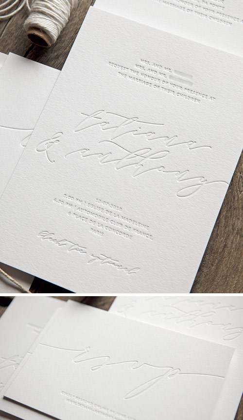 Tatiana et Anthony ont imaginé leur faire-part de mariage tout en élégance avec une jolie calligraphie, et en subtilité par le choix d'une impression en débossage sans encre uniquement / An elegant and very chic wedding invite printed in a total blind deboss / Cocorico Letterpress