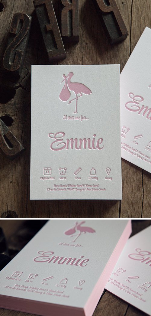 Faire-part de naissance en rose pastel et couleur sur tranche sur papier français 100% coton 710g / letterpress birth announcement in pastel pink whith edge-painting on heavy french cotton paper