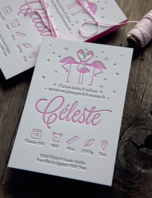Faire-part Céleste et les flamants roses en 2 couleurs et demi-tons / baby girl announcement with flamingoes printed in 2 colors and halftones / creation Cocorico Letterpress