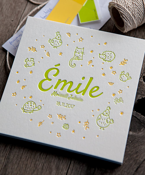 Faire-part de naissance Emile en jaune et vert acidulé / baby birth announcement created by the mom and printed by Cocorico Letterpress