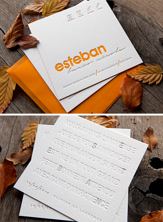 Ensemble de deux cartons pour le faire-part d'Esteban imaginé par ses parents, imprimé en 2 couleurs et sans encre / printed by Cocorico Letterpress