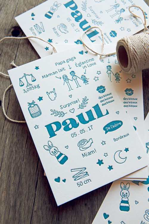 Le faire-part de Paul est illustré des petits dessins de By-Nena / Baby boy birth announcement card created by By-Nena and printed in petrol blue by Cocorico Letterpress