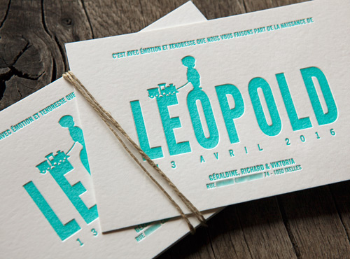 Faire-part naissance Leopold couleur vert d'eau pantone 3242U / birth announcement with little boy letterpress printed in aquagreen pantone