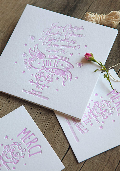 Faire-part de naissance rose pastel / letterpress birth announcement in pastel pink by Cocorico Letterpress
