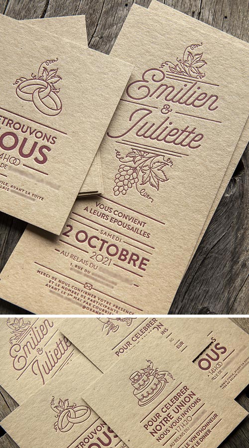 Suite mariage avec 3 cartons imprimés sur papier recyclé / Wedding collection with 3 cards printed on recycled paper / Design and print by Cocorico Letterpress