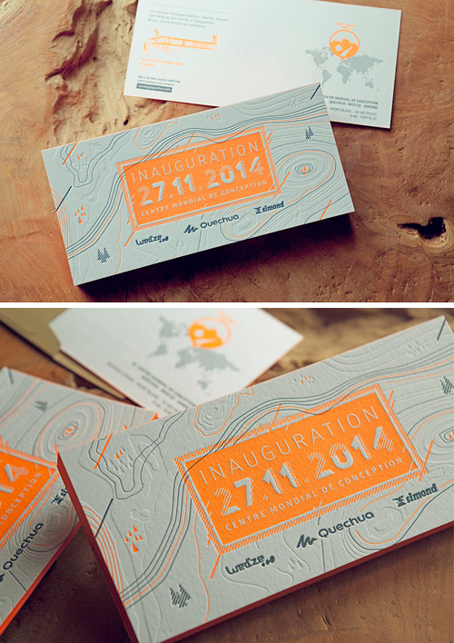 Cartons invitation inauguration / Impression recto verso 2 couleurs avec débossage à sec et couleur sur tranche orange fluo
