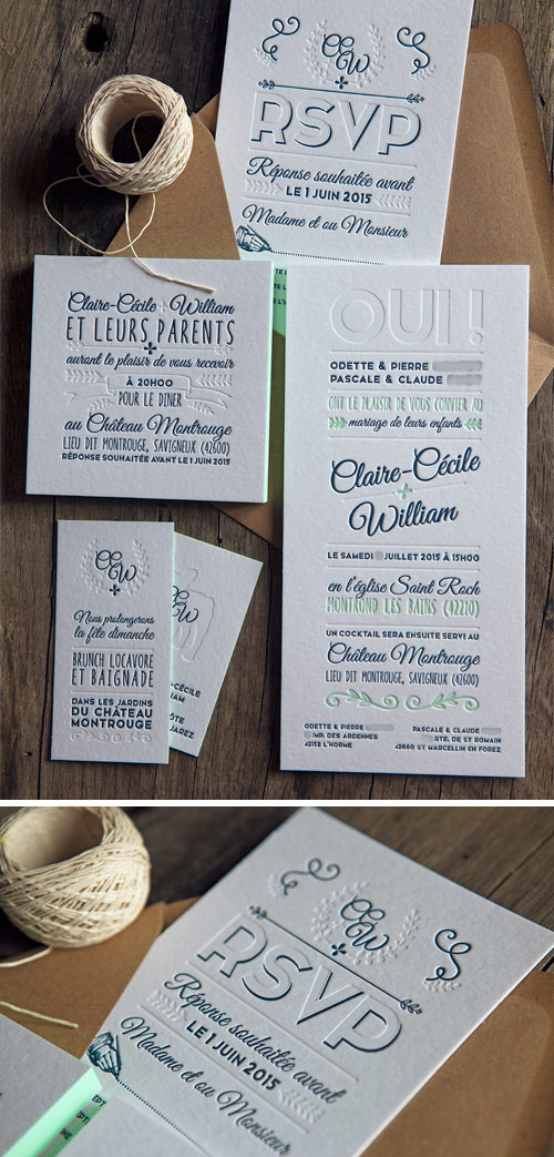 Suite de mariage avec faire-part, cartons RSVP, invitations dîner et brunch en 2 couleurs et débossage à sec / letterpress wedding suite printed by Cocorico letterpress